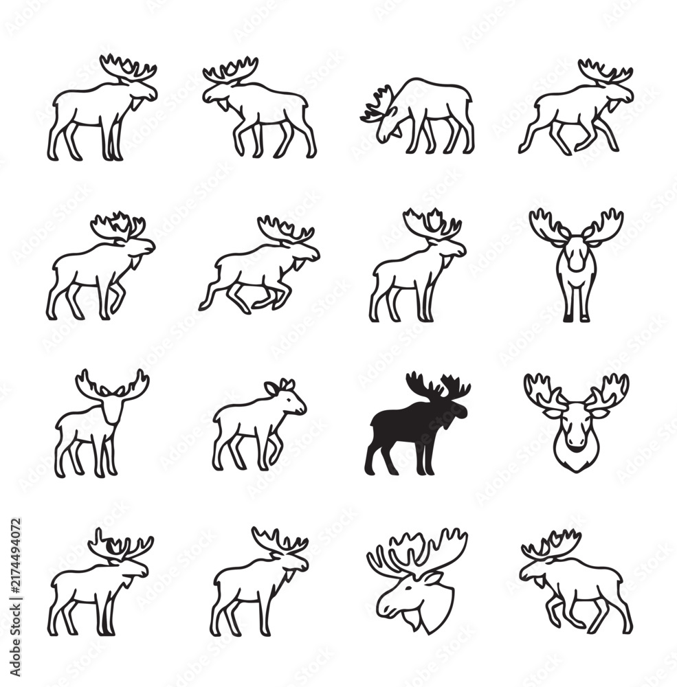Obraz premium Various moose outlines in different poses against a white background vector illustration