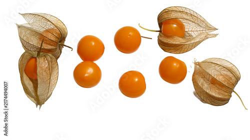 Obraz na płótnie Isolated ripe physalis fruits with papery husks and peeled berries on a clean su