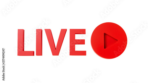 Obraz na plátně Isolated red LIVE text and play button icon for digital media streaming and broadcast events