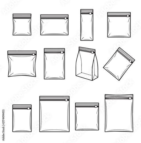 Various zip lock bags in different sizes and orientations on a white background