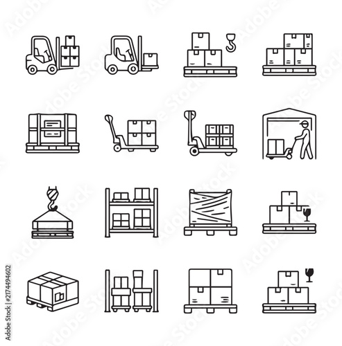 Warehouse logistics icons illustrating forklift pallet jack and cargo handling for supply chain operations