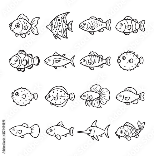 Whimsical outline fish collection for playful children's book illustrations and educational aquatic designs