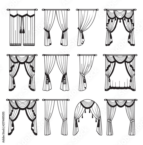 Window Drape Designs with Tassels and Decorative Trims in a Stylized Black and White Illustration