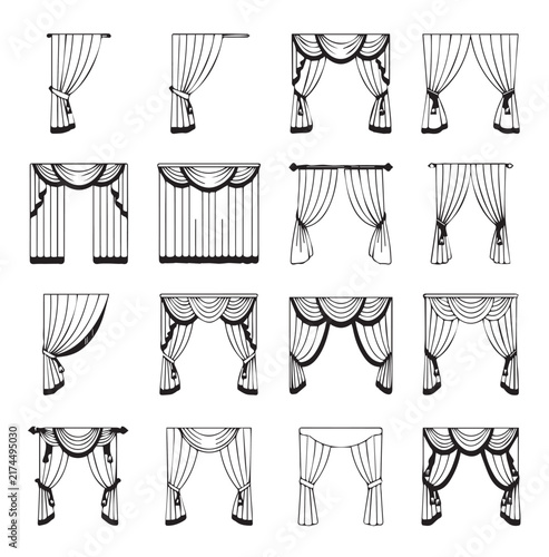 Window Drapes Collection with Decorative Valances and Tiebacks in a Clean White Background for Interior Design Concepts