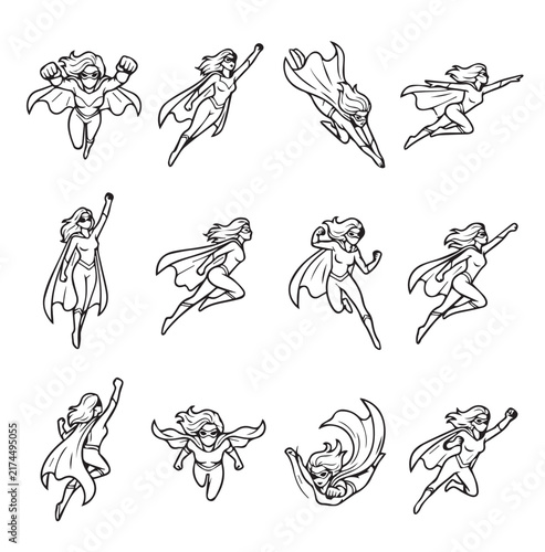 Woman superhero flying poses in dynamic action with flowing capes in simple line drawing style for graphic design