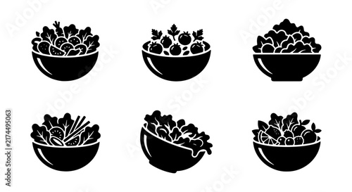 Salad Icons Set, Fresh Ingredient Bowls Vector Collection, Healthy Food Graphics, Organic Meal Symbols, Culinary Design Elements