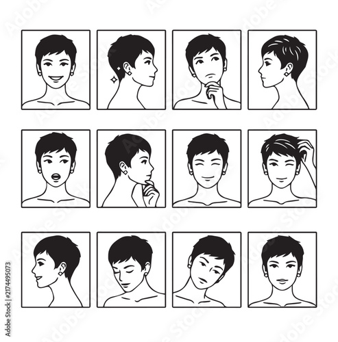 Woman's short hairstyle variations with diverse expressions and profile views against a clean white background