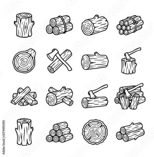 Wood logs and lumber icons with axes for forest industry and construction projects