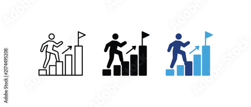Career growth bar chart icon, person climbing goal flag symbol, personal development success sign, progression advancement achievement graphic. Vector illustration