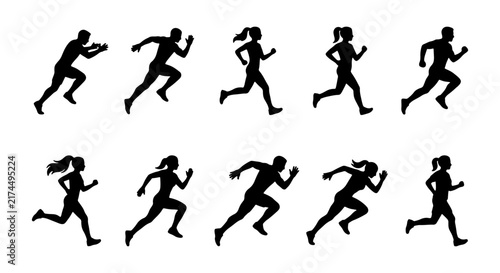 Running Silhouettes Collection, Male and Female Athletes in Motion, Dynamic Sports Figures, Sprinting Action Poses, Vector Graphic Set