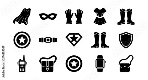 Superhero Costume Icons Set, Vector Graphics for Heroic Designs, Comic Book Elements, Fantasy Accessories Collection, Black and White Graphic Resources