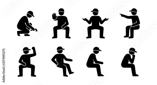 Stick Figure Poses Collection, Diverse Human Actions Set, Simple Silhouette Figures, Casual and Active Poses, Vector Icons for Presentations and Infographics