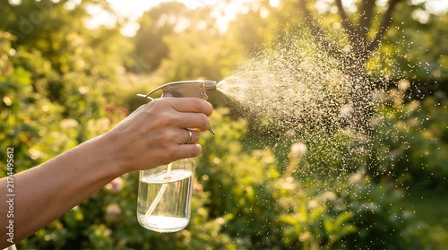 Person using a plastic spray bottle to water green leaves in a sunny garden during the bright morning light