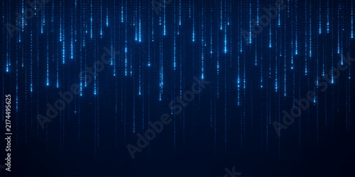 Digital matrix rain data stream with glowing blue light vertical lines falling on dark background binary code technology programming abstract vertical internet computer software developer