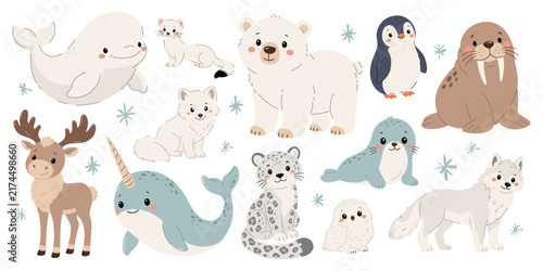Cute Arctic animals collection with polar bear, penguin, walrus, seal, whale, narwhal, reindeer, fox, owl and snow leopard. Winter wildlife vector illustrations for kids, nursery and stickers