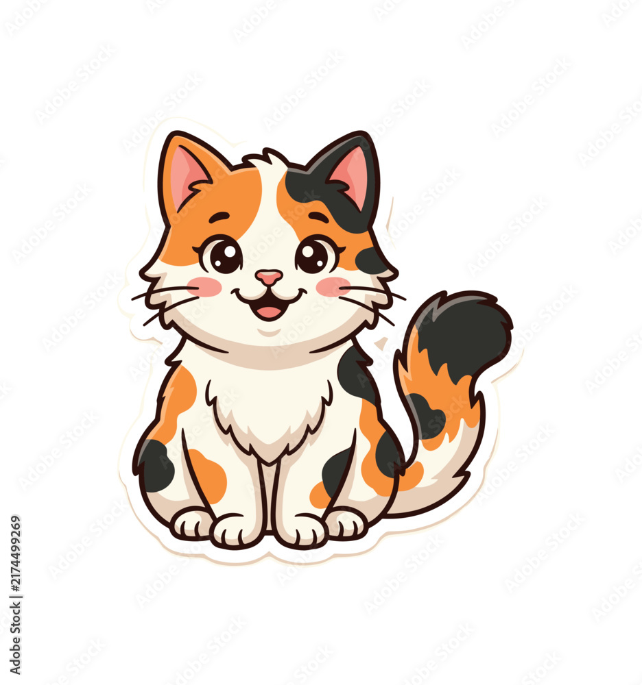 Fototapeta premium Cute cartoon calico cat sitting with a happy expression and fluffy tail