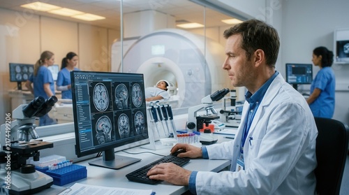 Medical Professionals Analyzing Brain Scans And Operating Mri Machine