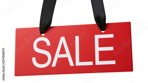 Cuadro en lienzo Isolated red rectangular sale sign with black ribbons, retail promotion and disc