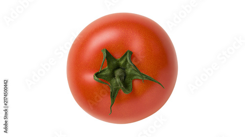 Konstfotografi Isolated delicious fresh red ripe tomato with its green stem and calyx, top view