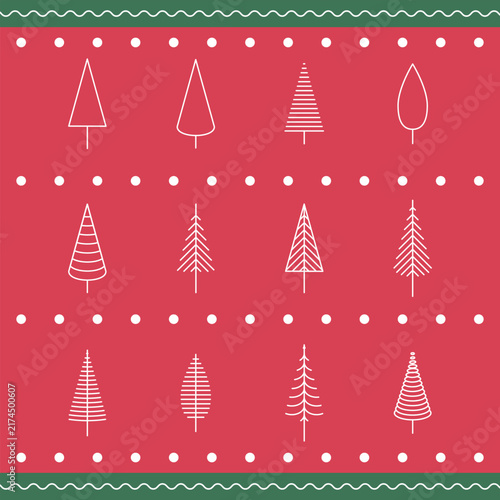 Christmas tree pattern with minimalist outline pine trees on red background