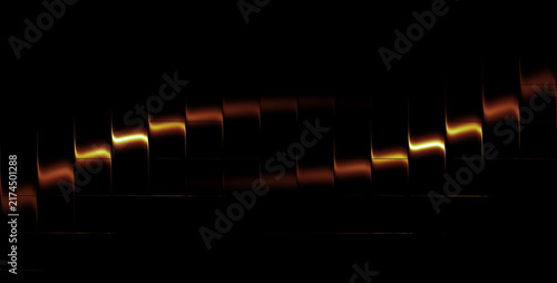 Minimal Neon Orange Edge Wave 3D Render, Dark Blurred Glass Slat Line, Abstract Tech Glowing Ribbon Texture – Thin horizontal line of refracted golden-orange neon light gleaming through dark glass
