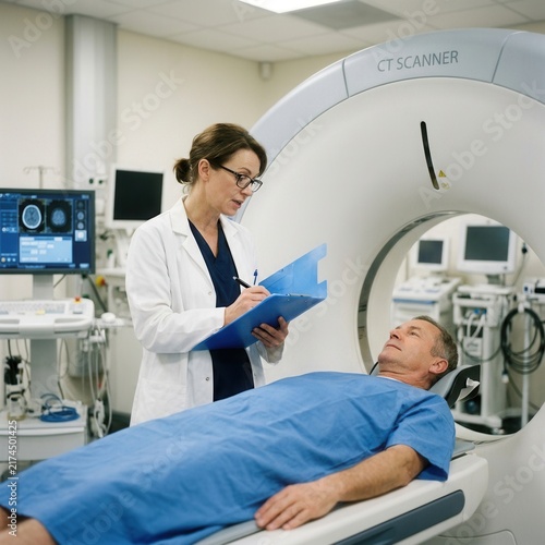 Medical Professional Consults Patient Near Advanced CT Scanner Equipment