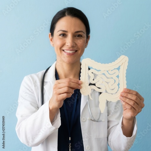Medical Professional Demonstrates Intestinal Health Model With Confident Smile