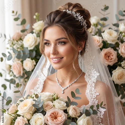 Beautiful bride portrait with elegant veil, wedding hairstyle, and rose bouquet