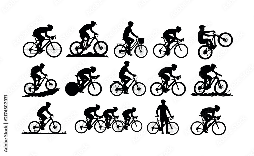 Naklejka premium Diverse silhouettes of cyclists in various poses and on different types of bicycles