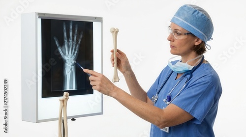 Medical Professional Examining Hand X-ray And Bone Model