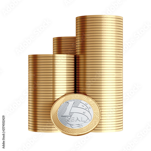 Brazilian One Real Coin Stacks 3D Render with Isolated Background
