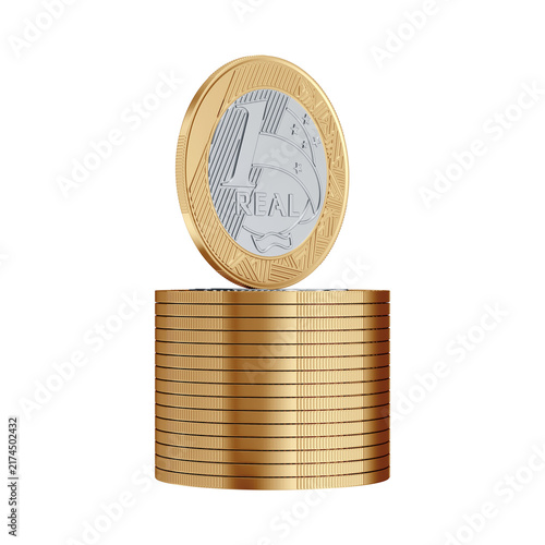 Brazilian One Real Coin Stacks 3D Render with Isolated Background