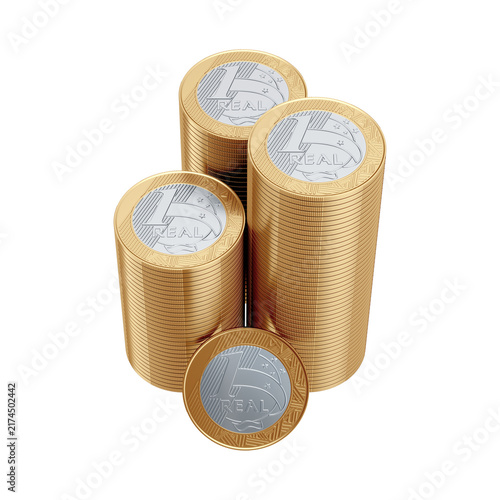 Brazilian One Real Coin Stacks 3D Render with Isolated Background