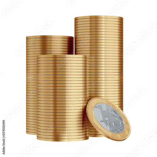 Brazilian One Real Coin Stacks 3D Render with Isolated Background