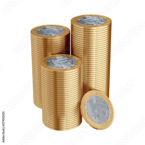 Brazilian One Real Coin Stacks 3D Render with Isolated Background
