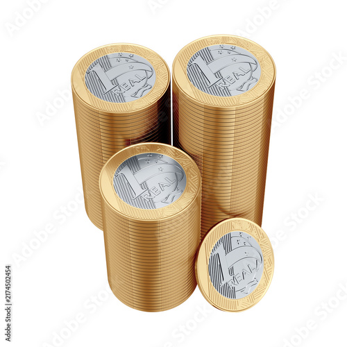 Brazilian One Real Coin Stacks 3D Render with Isolated Background