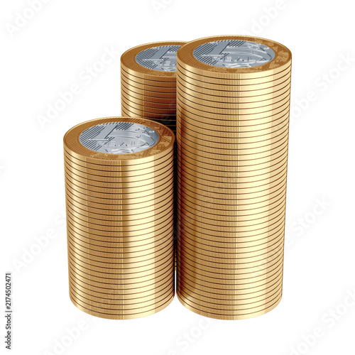 Brazilian One Real Coin Stacks 3D Render with Isolated Background