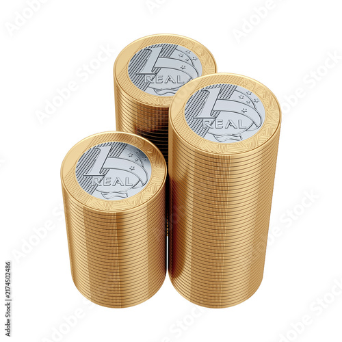 Brazilian One Real Coin Stacks 3D Render with Isolated Background