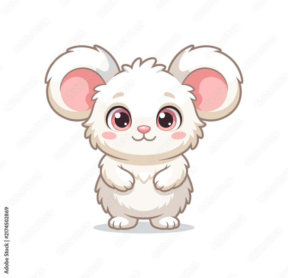 Obraz premium Adorable fluffy white cartoon mouse with big pink ears and eyes