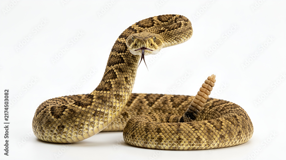 Obraz premium Venomous brown yellow patterned rattlesnake coiled alert posture, head facing camera black tongue flicking, rattle tail raised, sharp aggressive eyes, isolated clean white background