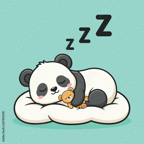 Cute panda sleeping on a soft pillow with a small toy bear