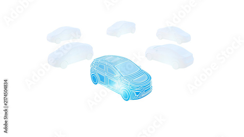 Isolated digital concept vehicle surrounded by various faint car outlines, automotive technology