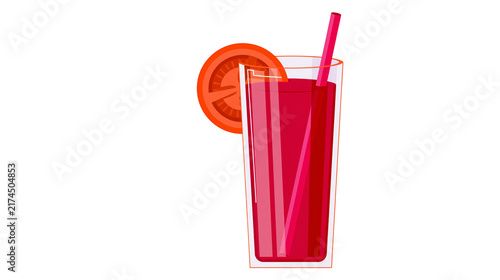 Isolated refreshing red tomato juice with a straw and a fresh tomato slice garnish, ready to drink.