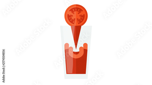 Isolated fresh tomato juice pouring into clear glass from ripe red fruit slice, healthy drink