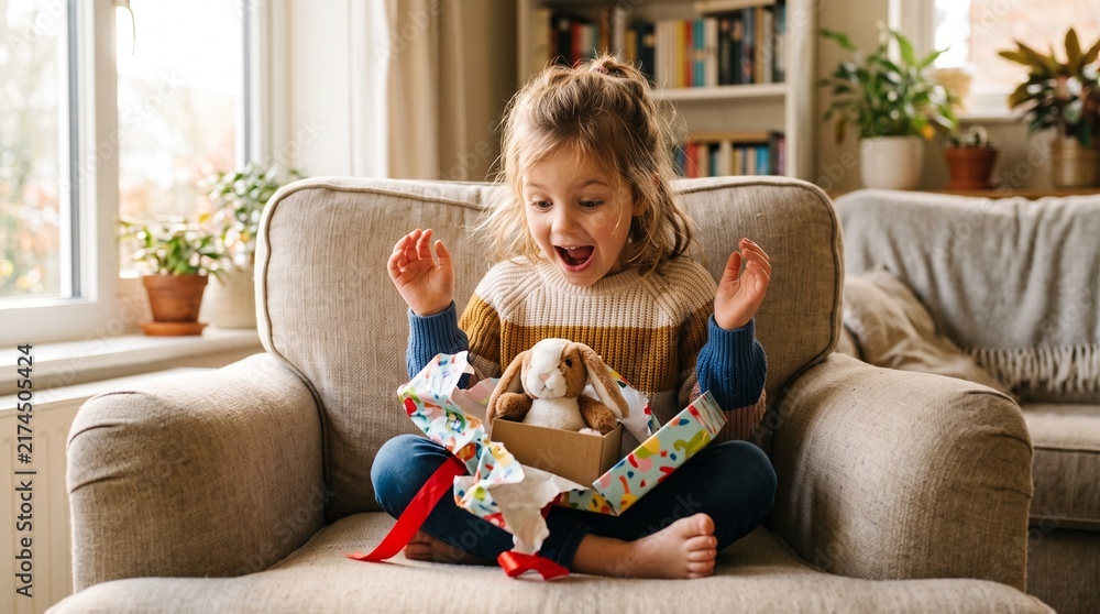 Naklejka premium Surprised little girl opening a gift box with a stuffed bunny inside