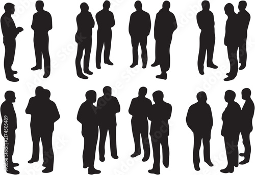 Diverse group of people walking in silhouette against plain background.