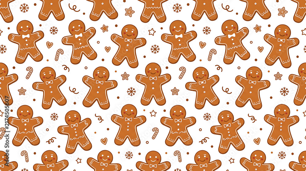 Seamless pattern with cute gingerbread men cookies on a white background for Christmas design.