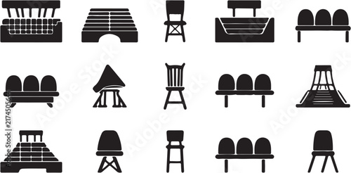 Minimalist black icons of various household objects and tools.