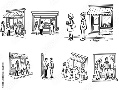 People shopping and interacting outside various small stores.   
