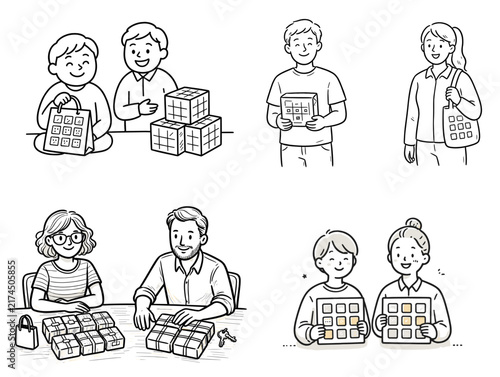 Satisfied customers. Diverse group of people interacting with colorful puzzles and games.  